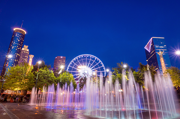 Centennial Olympic Park in Atlanta during twilight hour after sunset